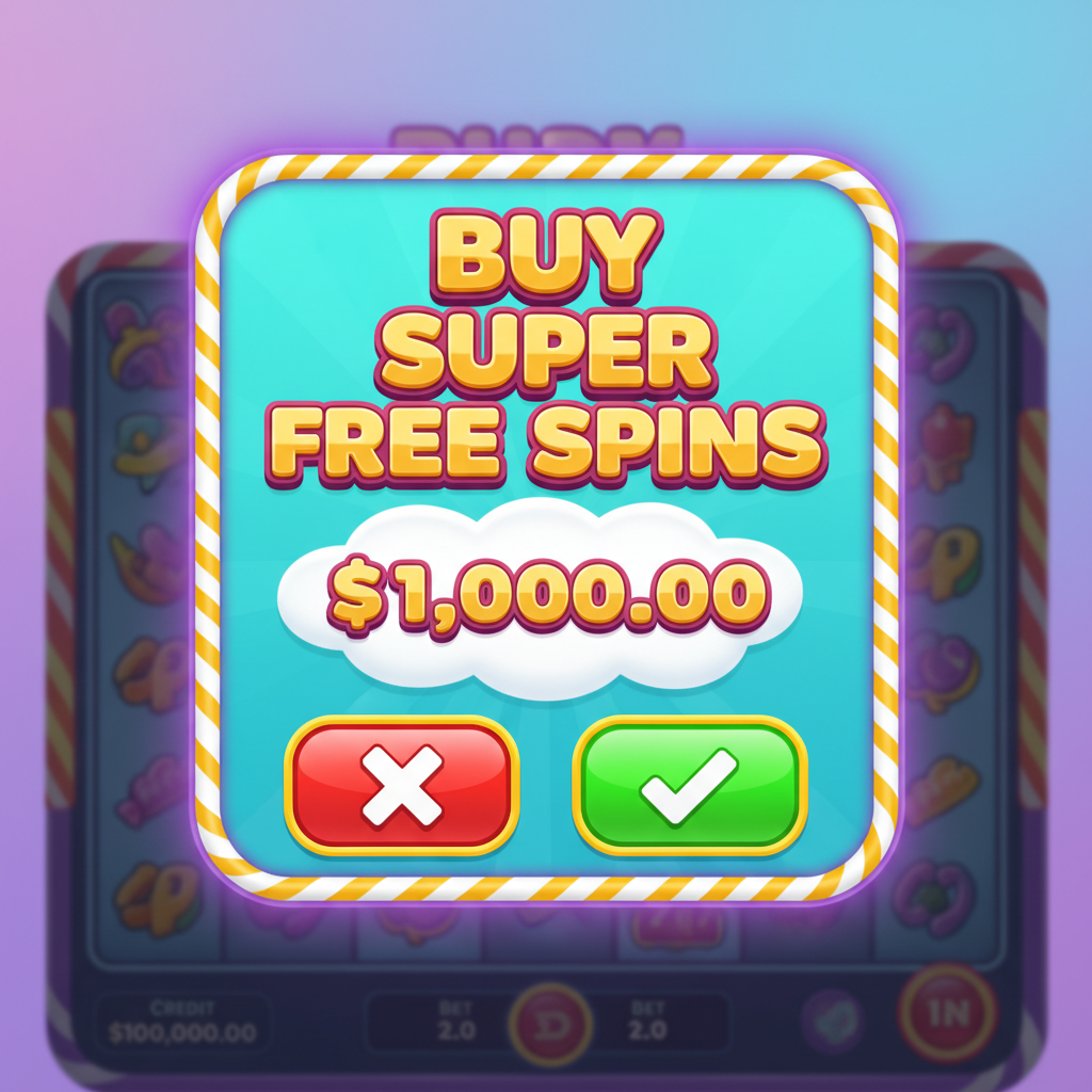 Fenêtre de confirmation d'achat des Super Tours Gratuits de Sugar Rush 1000 avec fond turquoise affichant le coût de 1 000,00 €