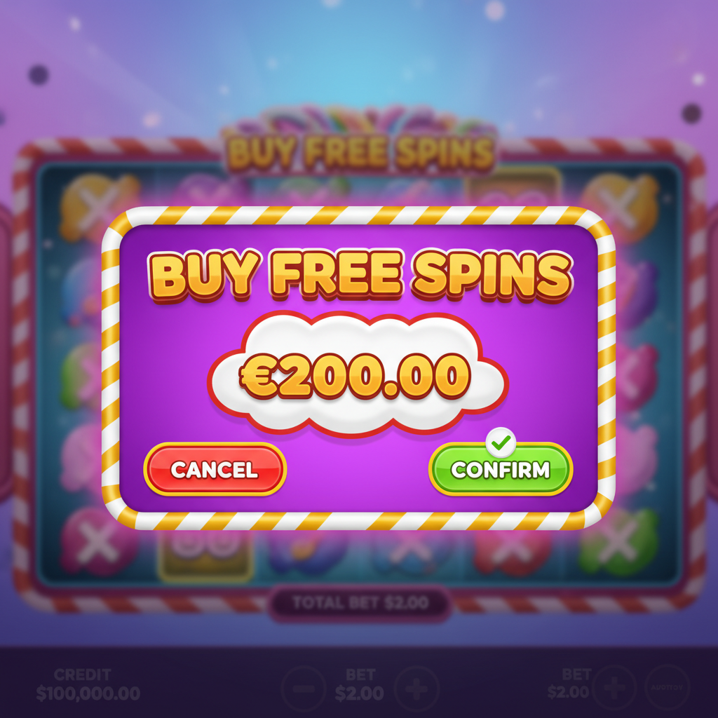 Fenêtre de confirmation d'achat des tours gratuits de Sugar Rush 1000 affichant le coût de 200,00 € avec boutons annuler et confirmer