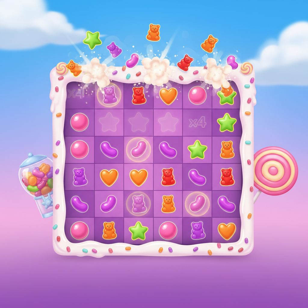 Illustration de la mécanique Tumble et Cluster Pays de Sugar Rush 1000 – symboles qui tombent en cascade après une combinaison gagnante