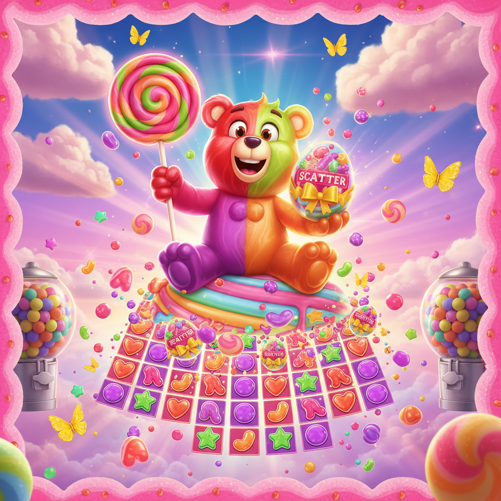 Écran principal de Sugar Rush 1000 montrant la grille 7x7 remplie de symboles bonbons colorés