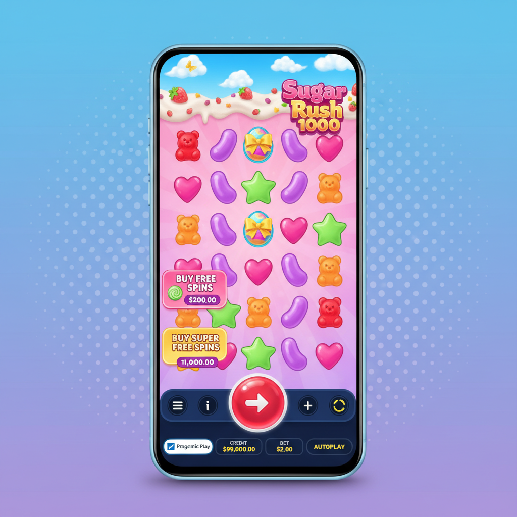 Sugar Rush 1000 affiché sur un smartphone – interface mobile optimisée HTML5 avec boutons tactiles bien dimensionnés pour jouer sur iOS et Android