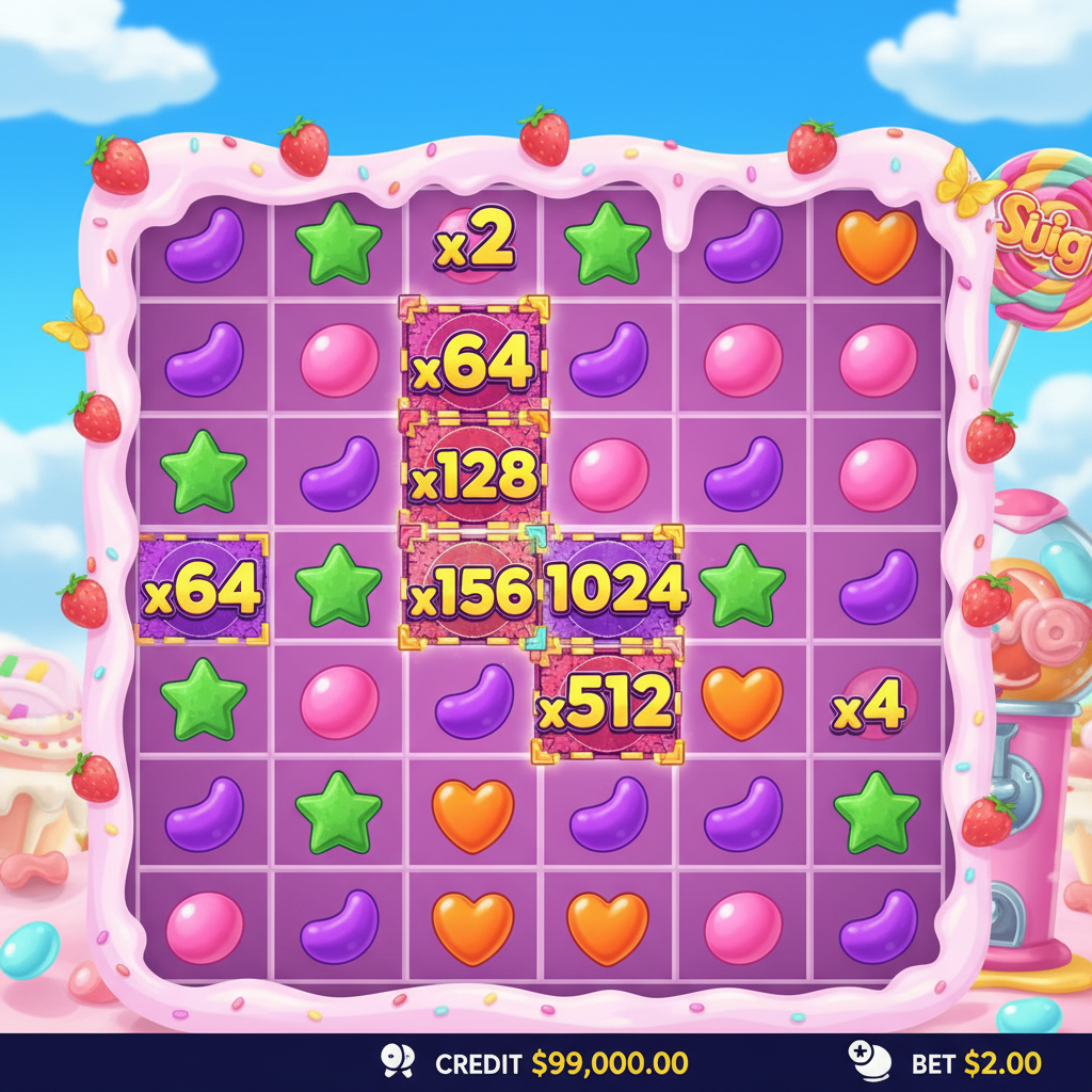 Grille de Sugar Rush 1000 affichant des multiplicateurs de spots actifs allant de x2 à x1024 sur différentes positions