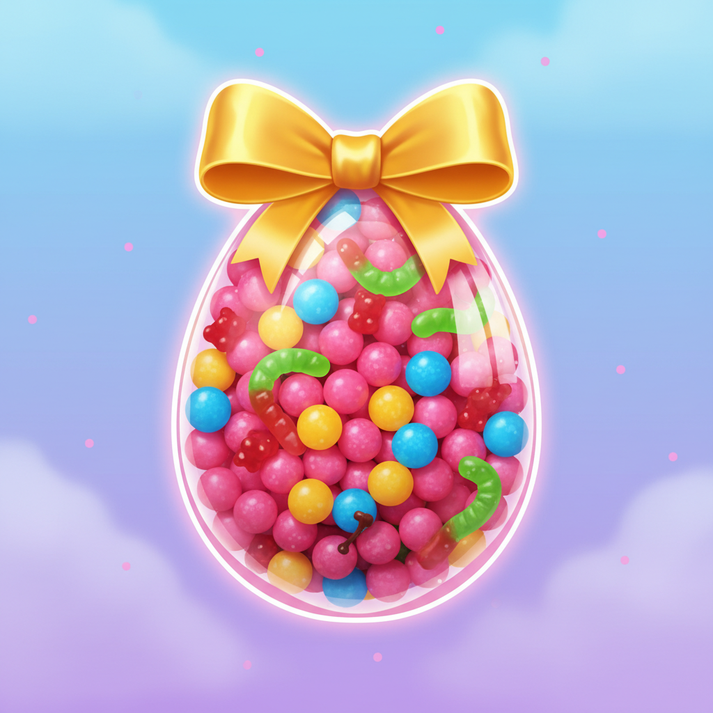 Symbole Scatter de Sugar Rush 1000 – œuf en bonbon transparent rempli de friandises colorées avec un nœud doré, déclenchant les tours gratuits