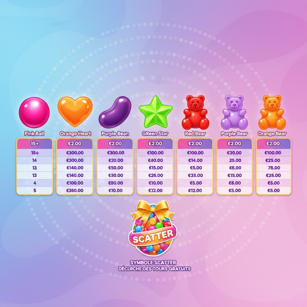 Tableau des gains de Sugar Rush 1000 montrant tous les symboles – bille rose, cœur orange, haricot violet, étoile verte et oursons gélifiés – avec leurs valeurs de paiement