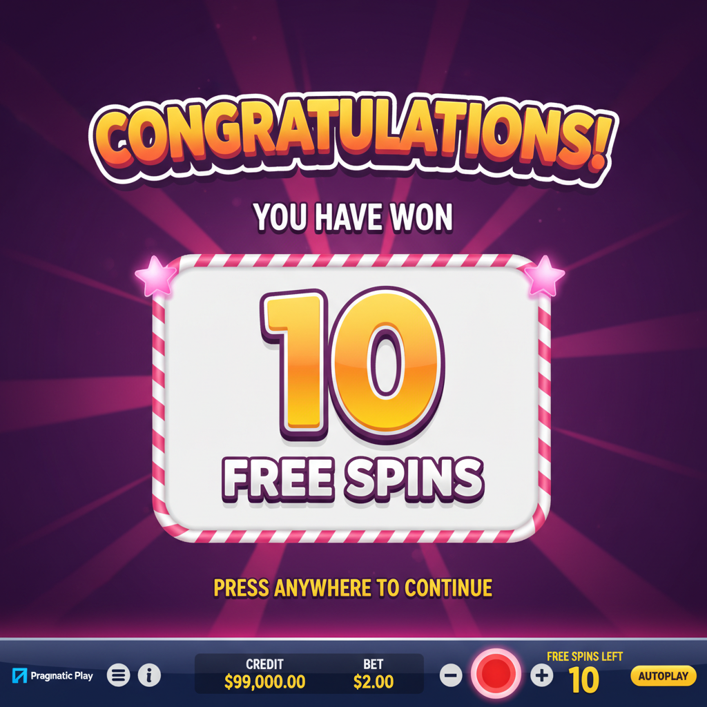 Écran de félicitations de Sugar Rush 1000 annonçant 10 tours gratuits gagnés, avec fond violet et rayons lumineux