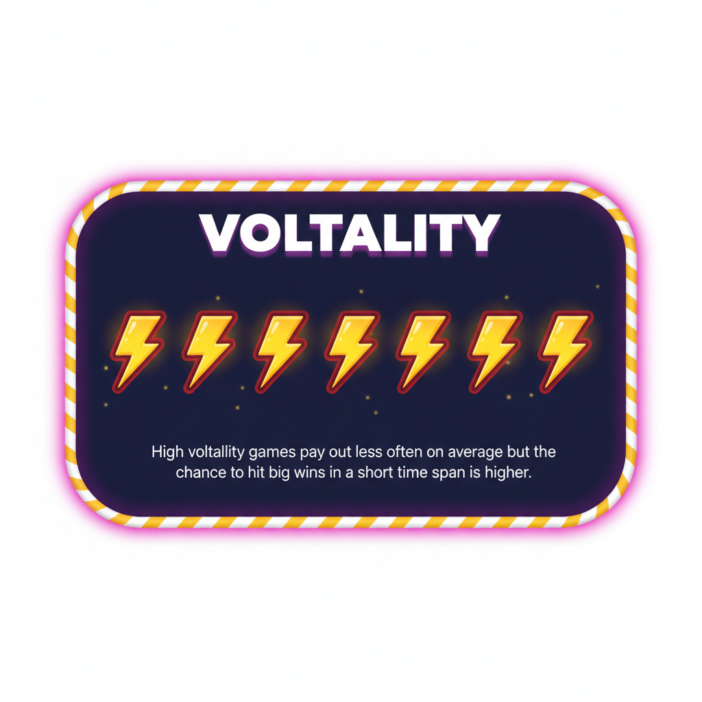 Page de règles de Sugar Rush 1000 affichant la volatilité élevée symbolisée par 5 éclairs jaunes sur fond noir
